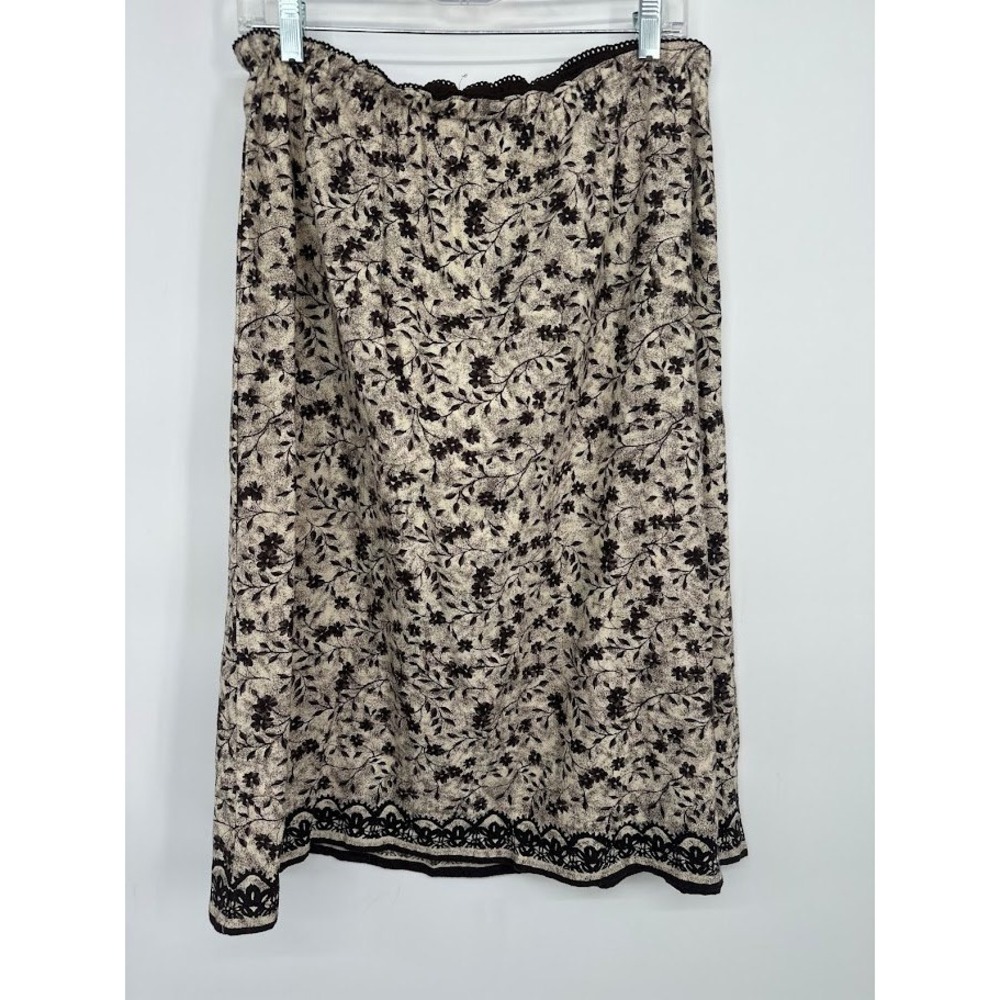 Vintage Midi Skirt M Brown Floral Linen Blend Boho Cottage Prairie Granny Earthy